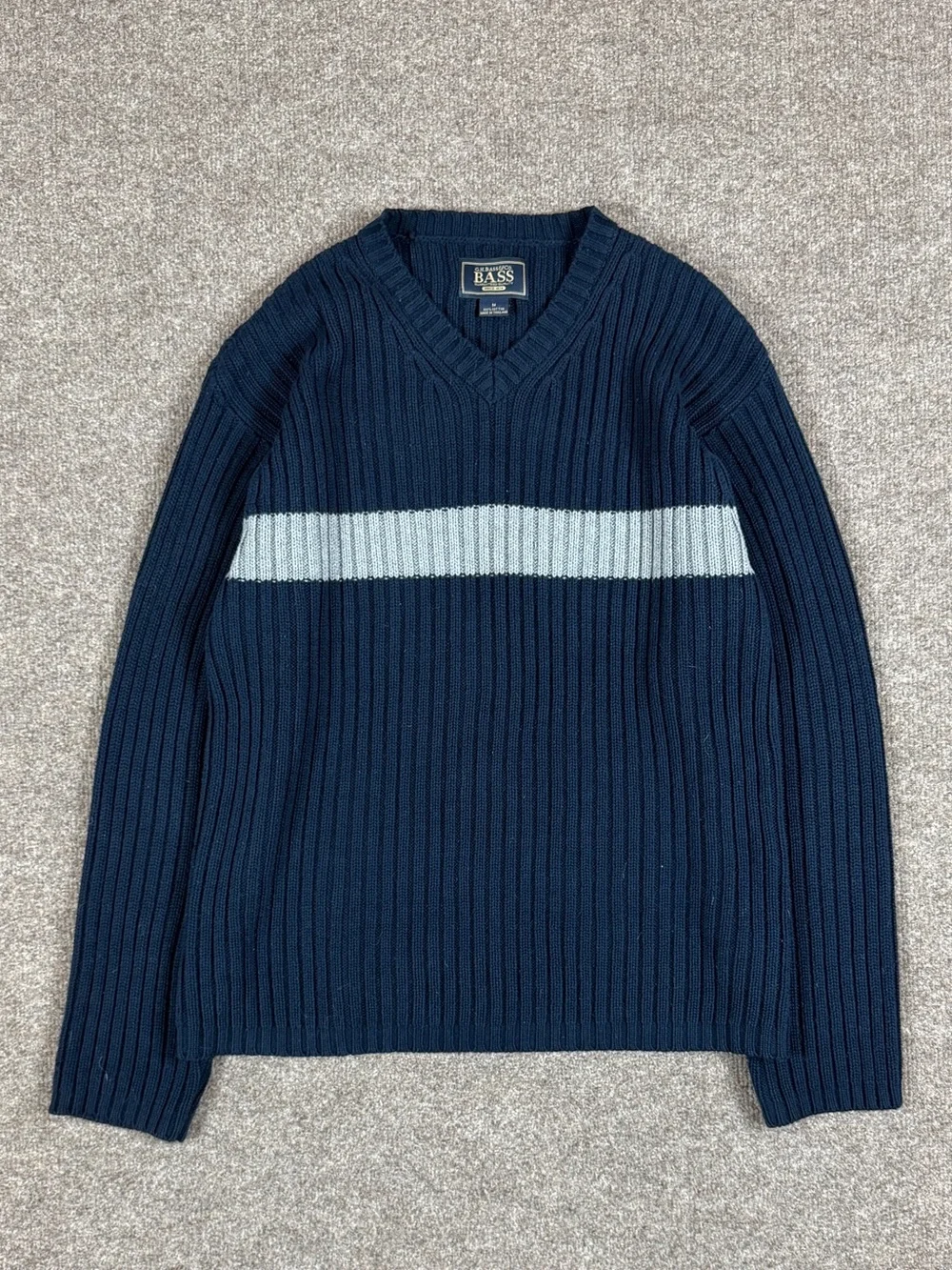 Vintage Navy Grey Chest Stripe Long Sleeve V-Neck Ribbed Sweater Men’s M 90s Y2K
